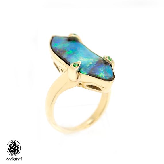 Opal Ring, Boulder Opal Ring, Blue Opal Ring, Long abstract Boulder Opal With Tsavorites, Boulder Opal | LDR02844 - Avianti